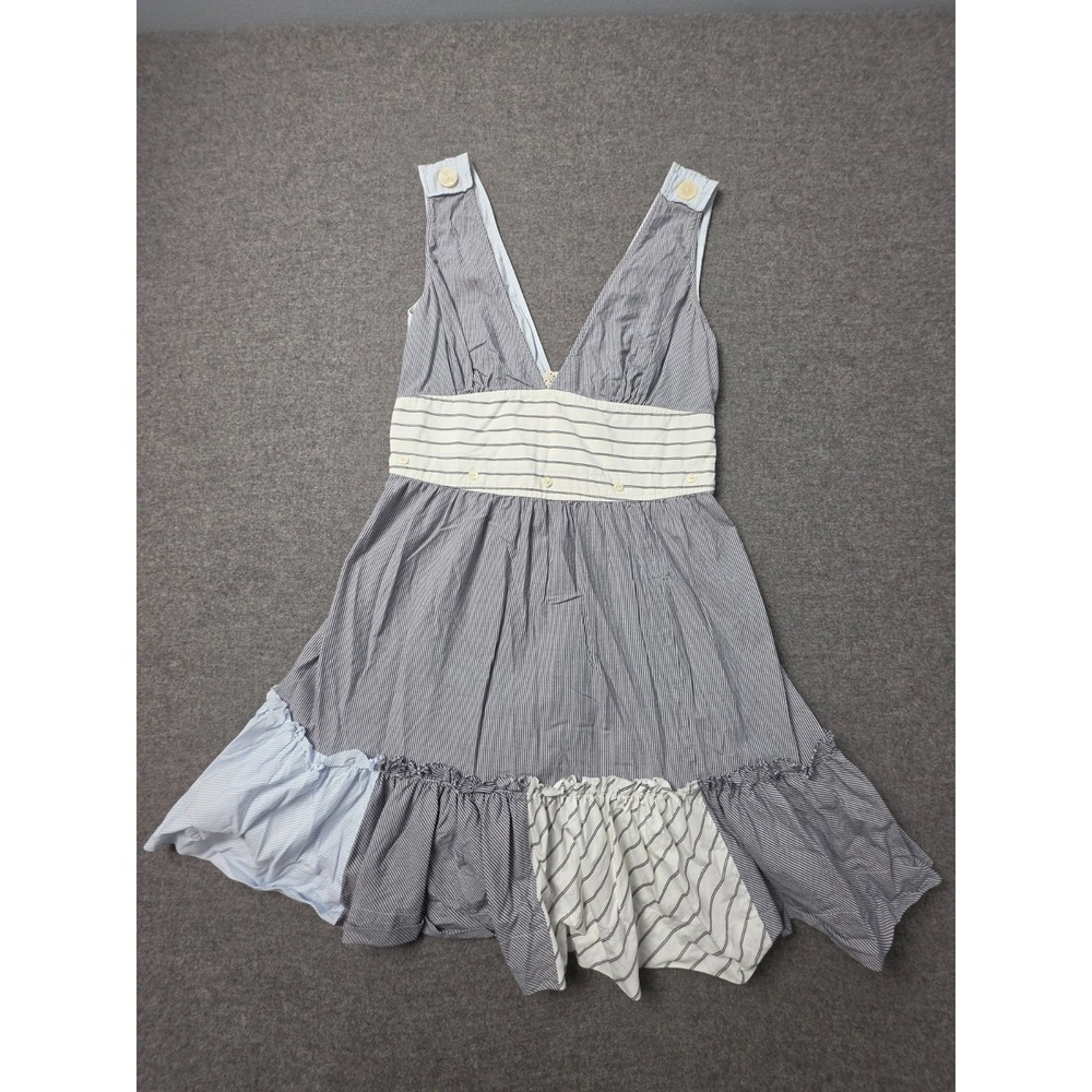 Free People‎ Mini Dress Womens 6 Blue Gray Striped V-Neck Ruffled Smoked Back